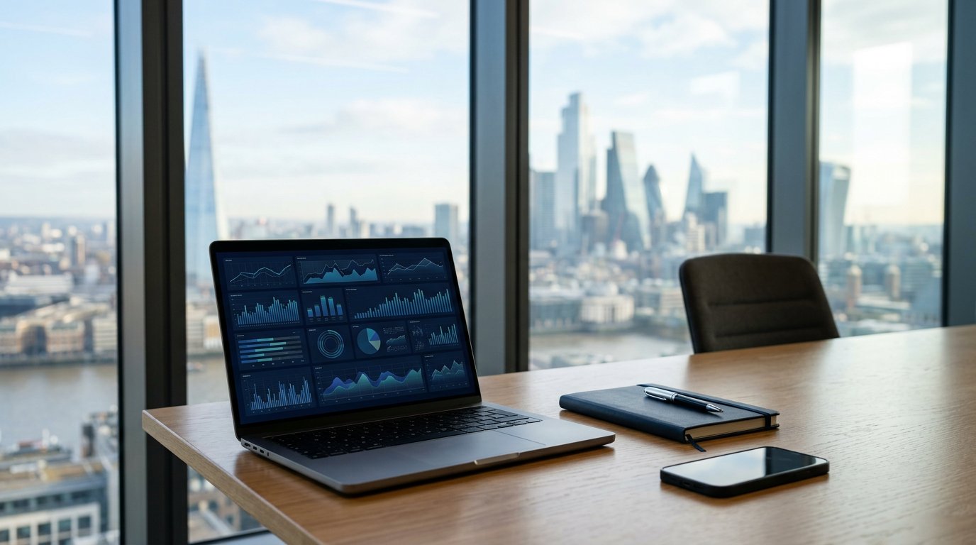 Premium digital business workspace with laptop dashboard