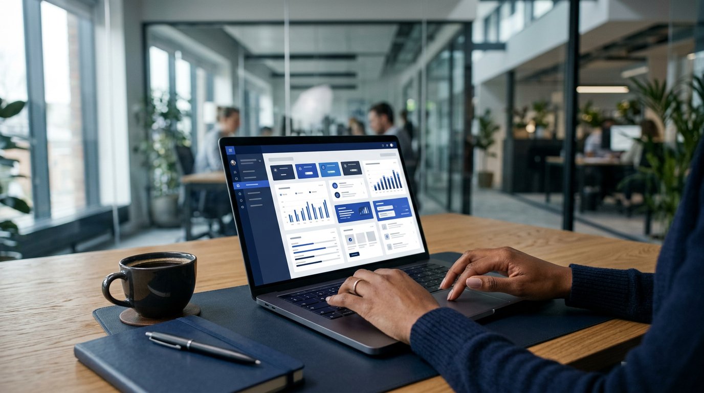Customer support workspace and laptop