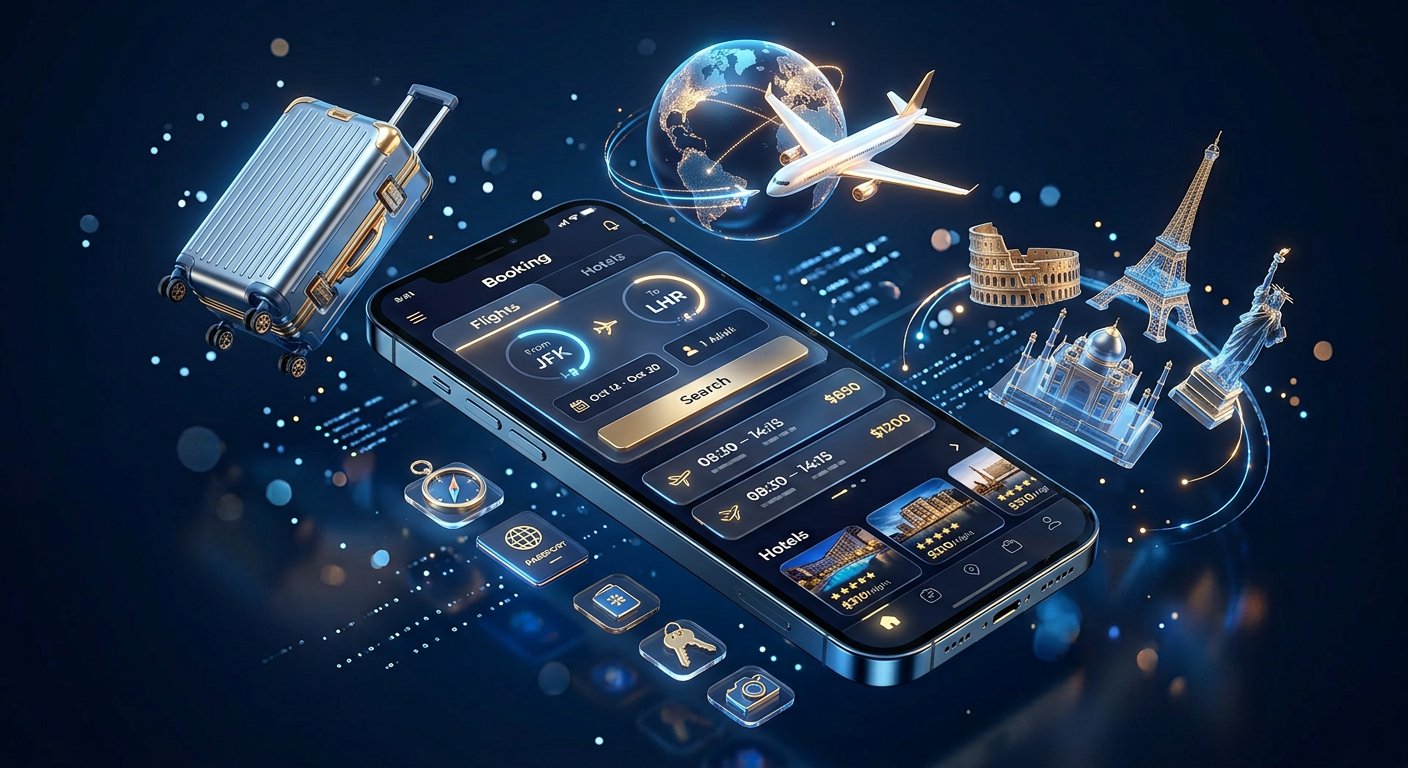 Travel booking app in 3D render